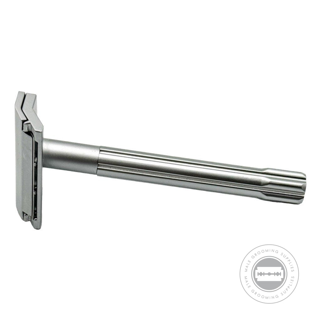 Side view of the Parker SoloEdge Single Edge Safety Razor with a polished chrome handle.