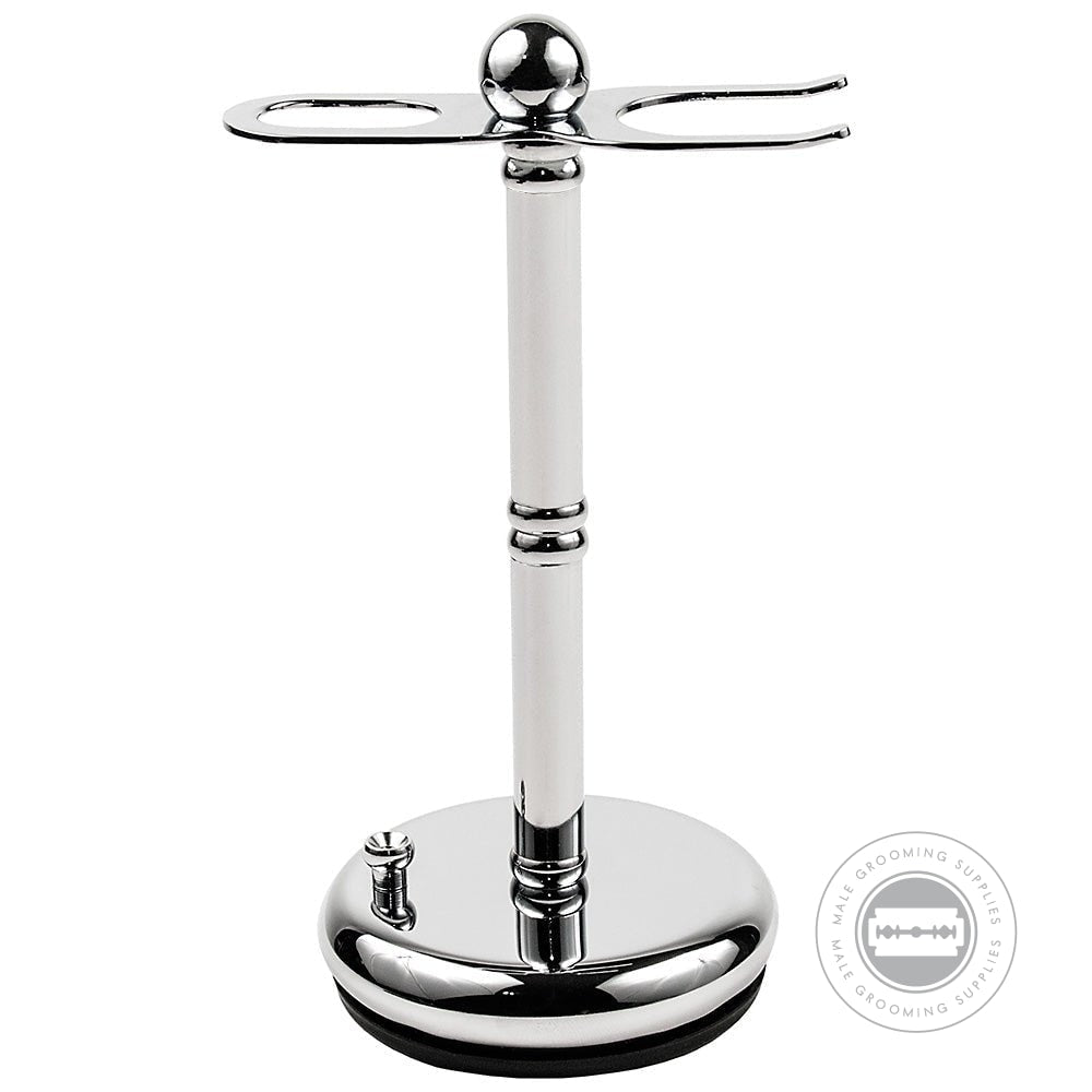 Parker Straight Razor and Brush Stand in chrome with a heavyweight base, ideal for razor and brush storage.