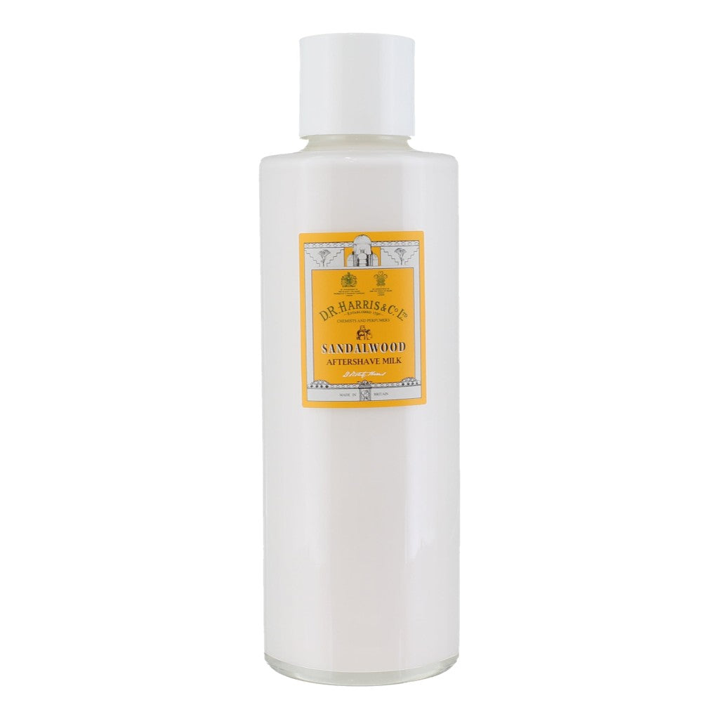 Bottle of Dr. Harris Sandalwood Aftershave Milk 500ml on a white background