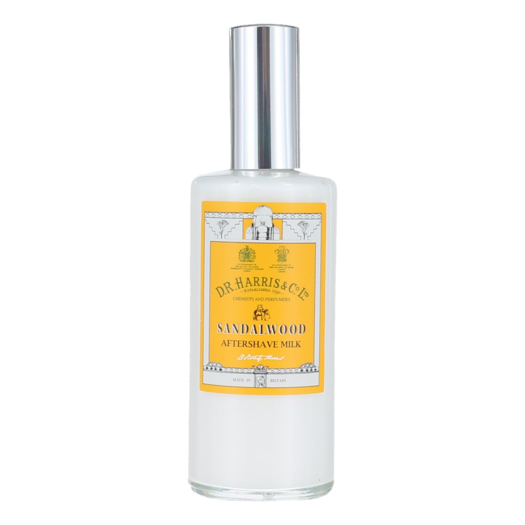 Bottle of Dr. Harris Sandalwood Aftershave Milk Dispenser on a white background