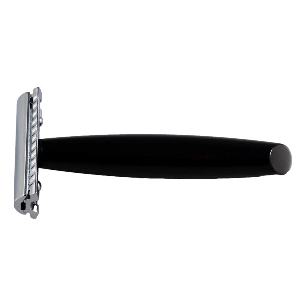 Merkur Razor 44011 with matte black resin handle and chrome-plated straight-cut head, designed for precise wet shaving - top view.