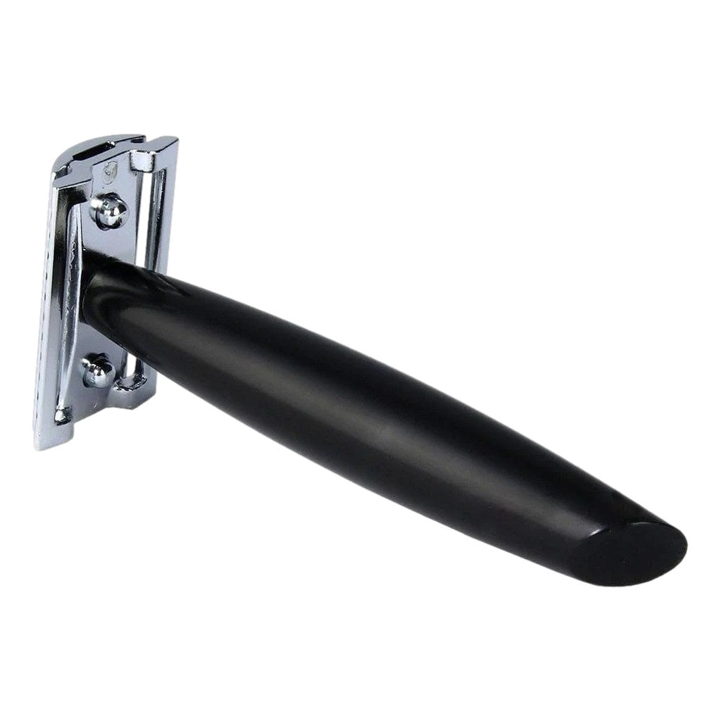 Merkur Razor 44011 with matte black resin handle and chrome-plated straight-cut head, designed for precise wet shaving - underneath view.