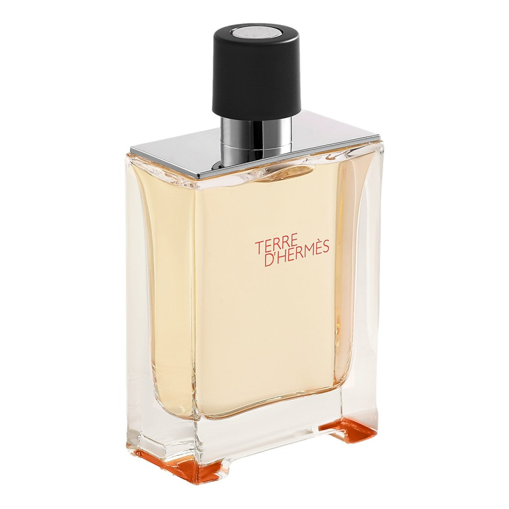 Angled vies of Perfume bottle labeled 'Terre d'Hermes' on a white background