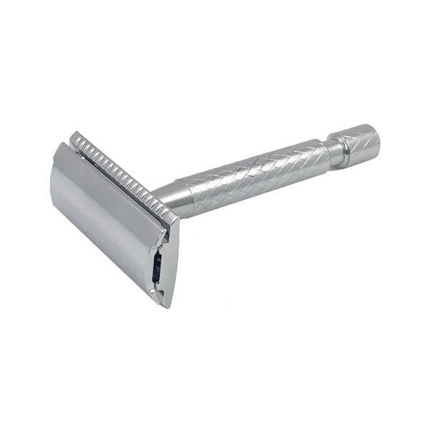 Timor Chrome Safety Razor with textured handle, displayed at an angle.