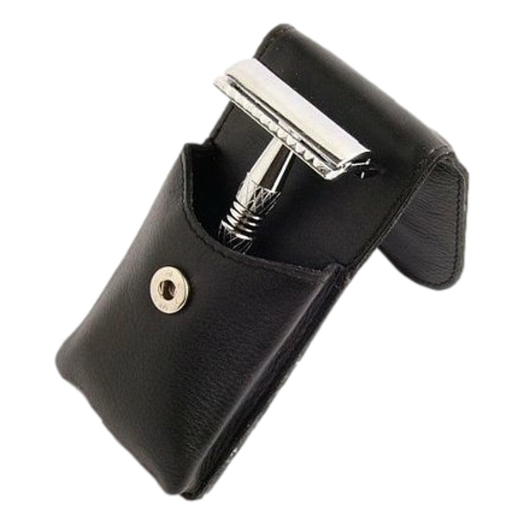 Timor Chrome Safety Razor stored in a black pebble-grain leather pouch with snap closure.