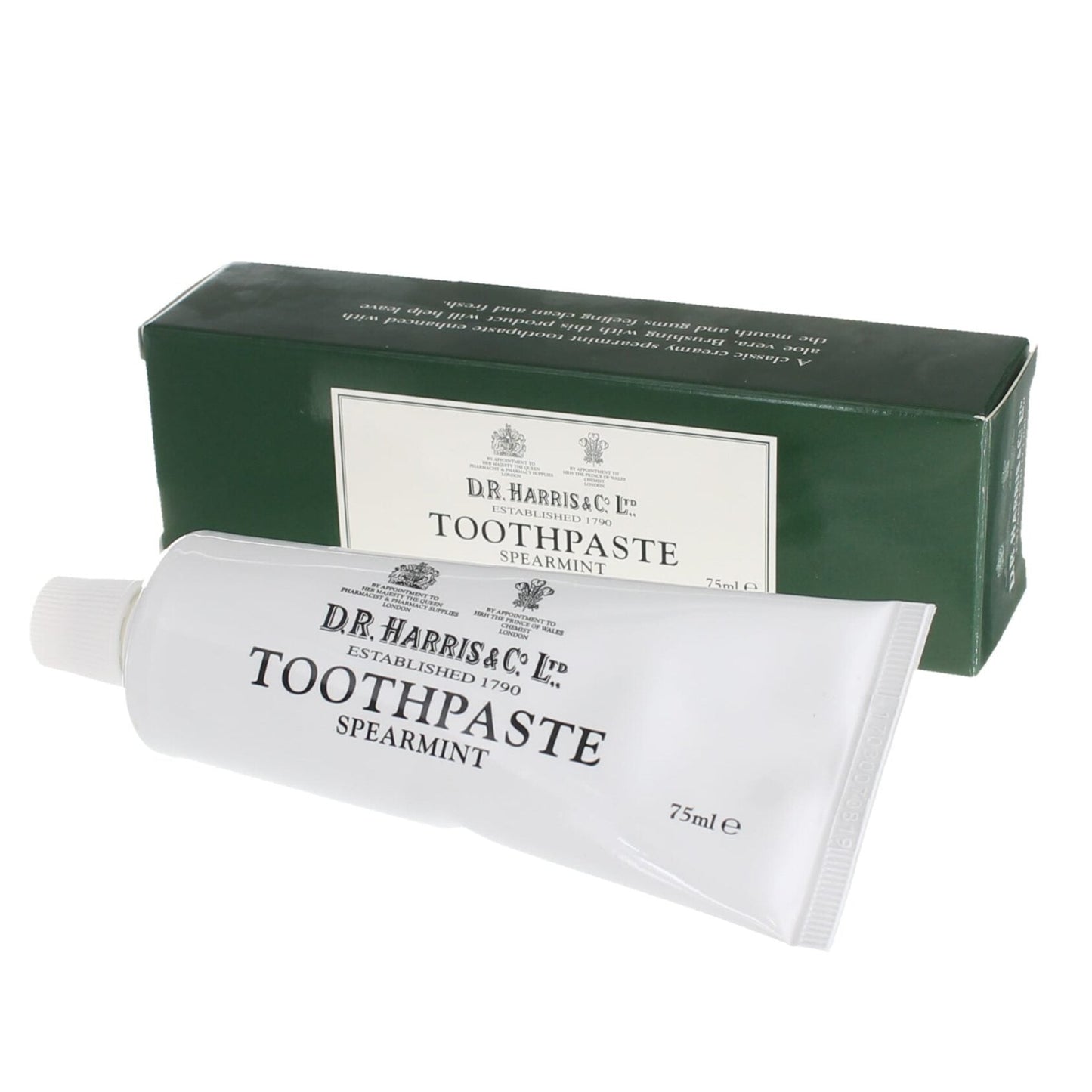 D.R. Harris Spearmint Toothpaste 75ml in a metal tube with aloe vera and spearmint flavour.
