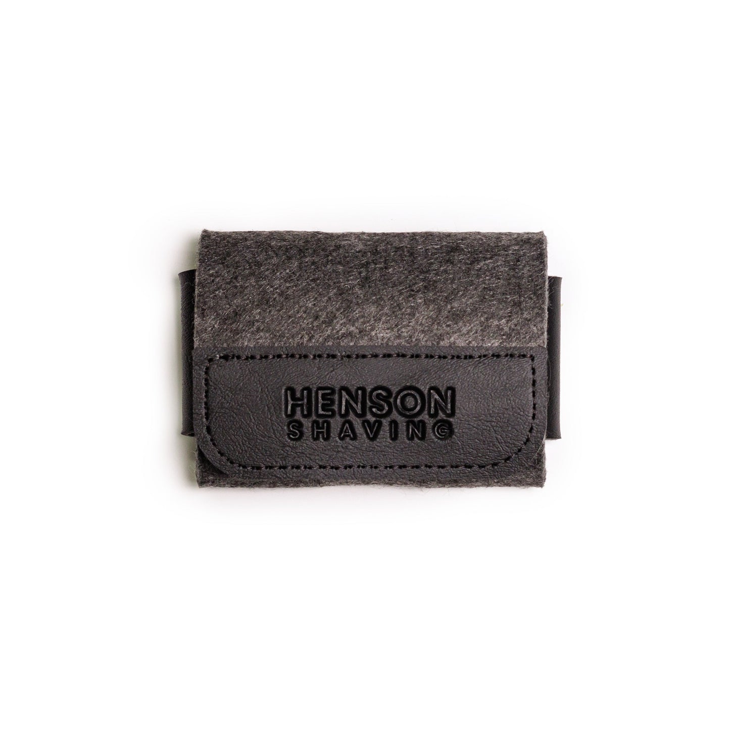 Front view of Henson Razor Case with embossed Henson Shaving logo, closed and compact.