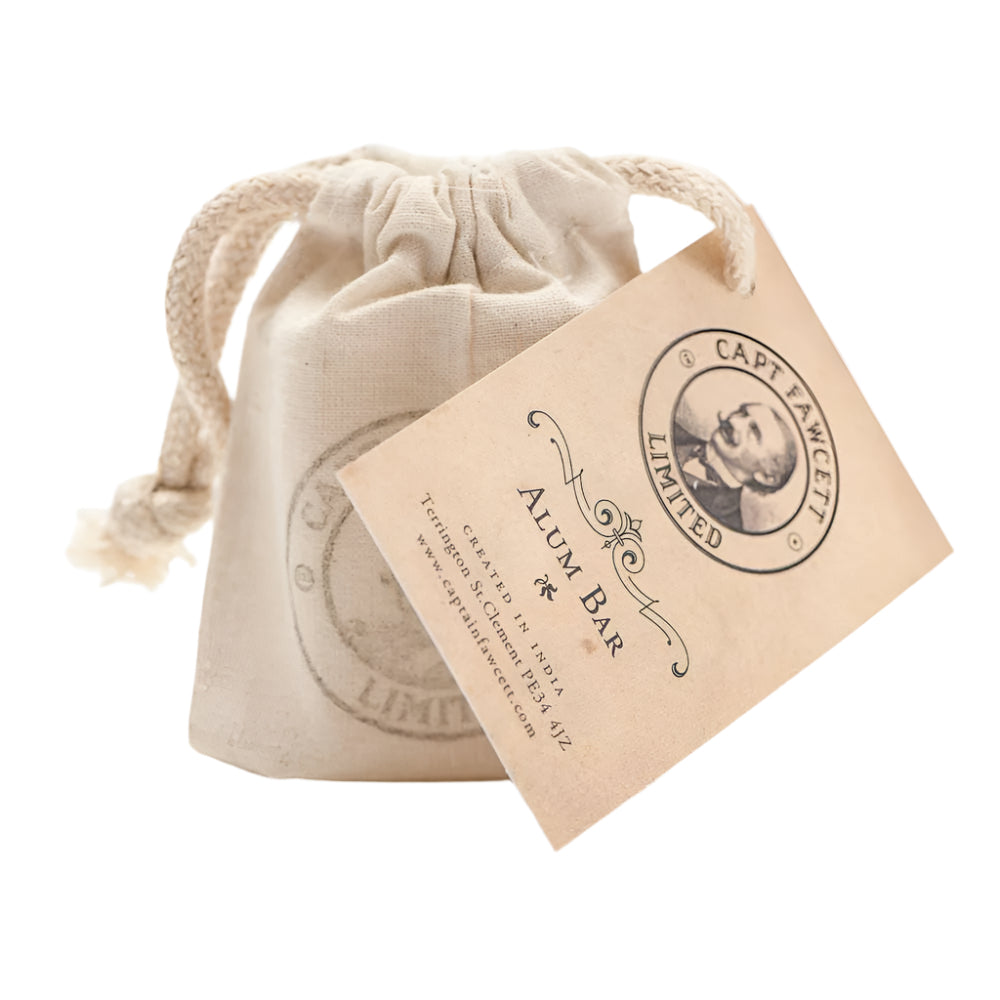 Captain Fawcett Traditional Alum Bar 90g in cotton drawstring bag for post-shave care. Bag