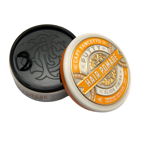 Open container of Capt. Fawcett's Putty Hair Pomade on a white background
