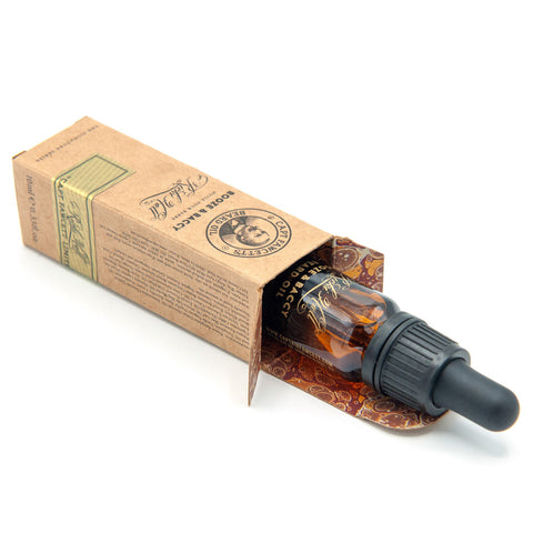 Bottle of amber liquid with a dropper and cardboard packaging on a white background