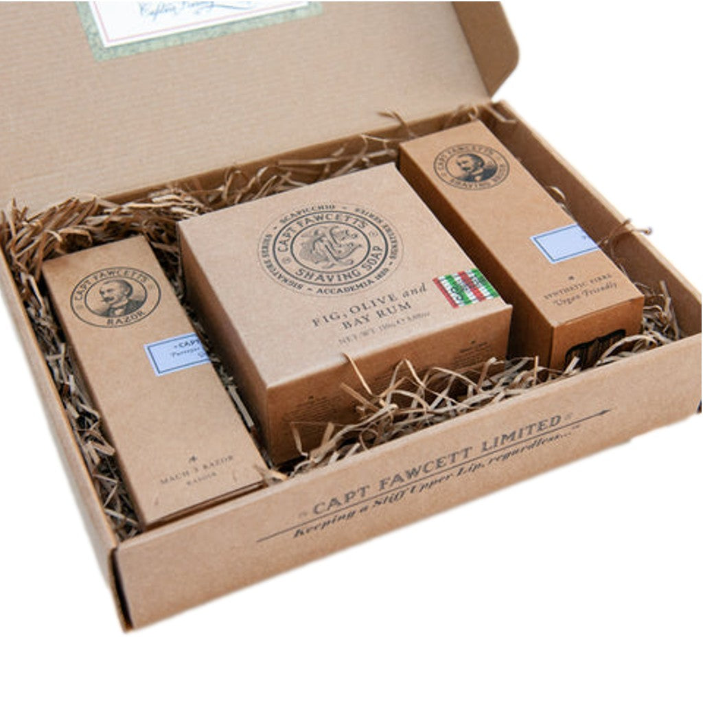 Captain Fawcett Scapicchio Shaving Gift Set with soap, brush, and safety razor in a luxury wooden box. Boxed.