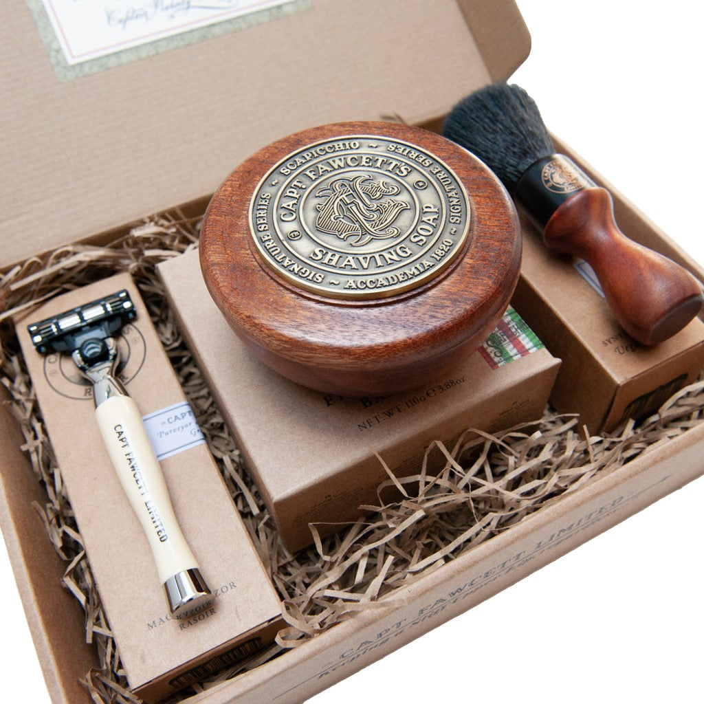 Captain Fawcett Scapicchio Shaving Gift Set with soap, brush, and safety razor in a luxury wooden box. Close Up View.