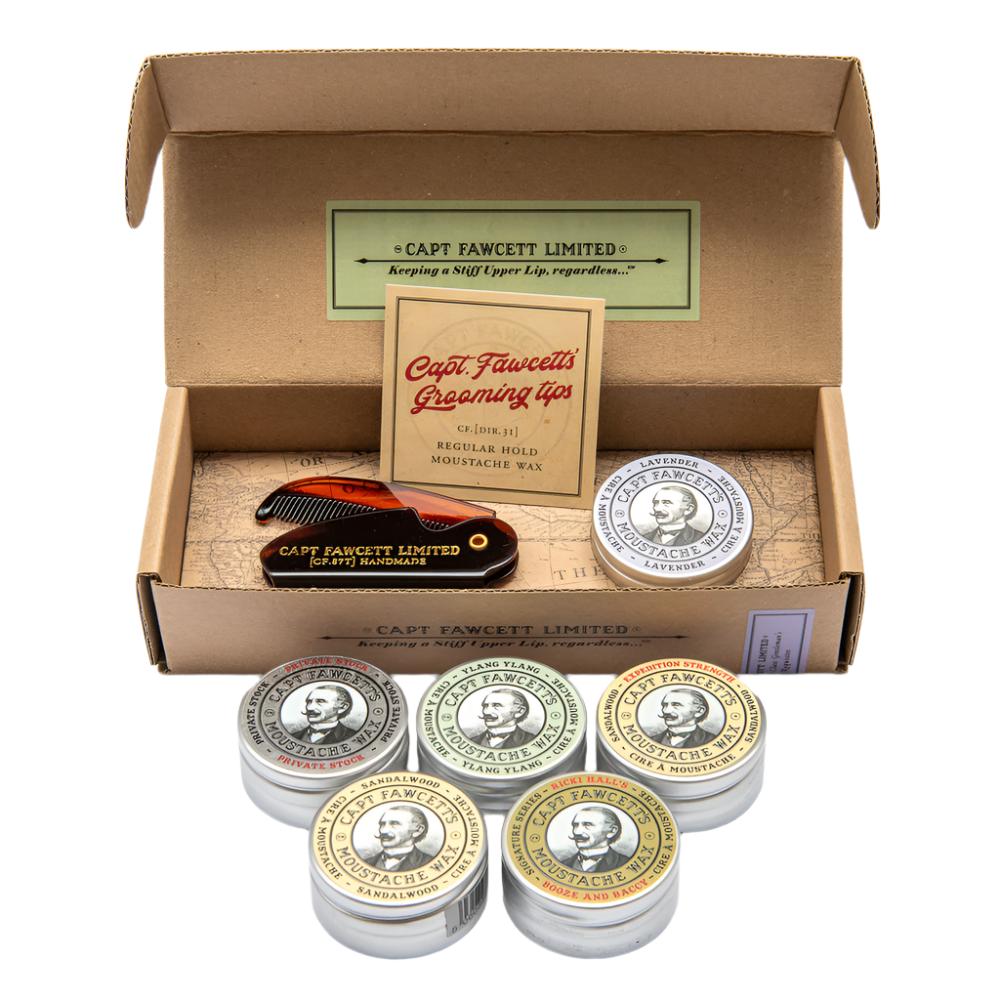 Captain Fawcett Moustache Wax And Folding Pocket Comb Set With Six Fragrance Options