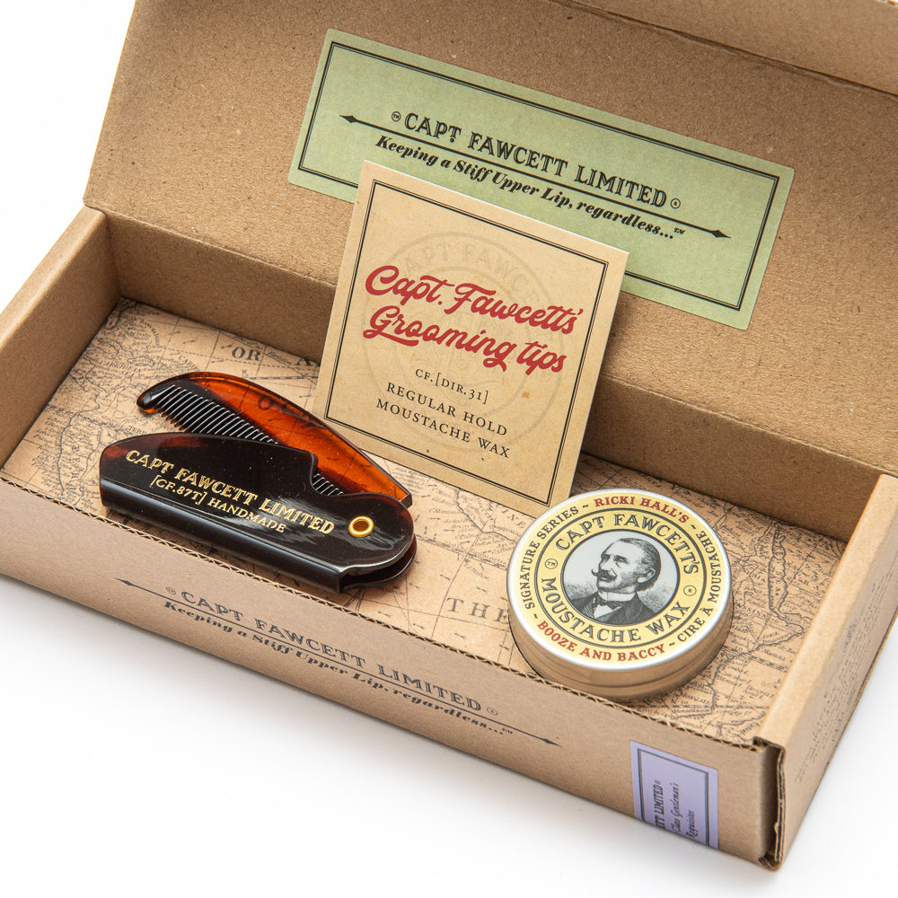 Captain Fawcett Ricky Hall's Moustache Wax And Folding Pocket Comb Set.