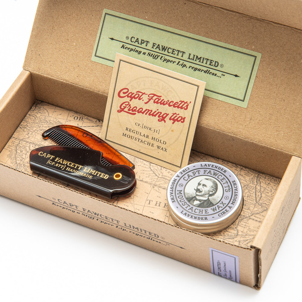 Captain Fawcett Lavender Moustache Wax And Folding Pocket Comb Set.