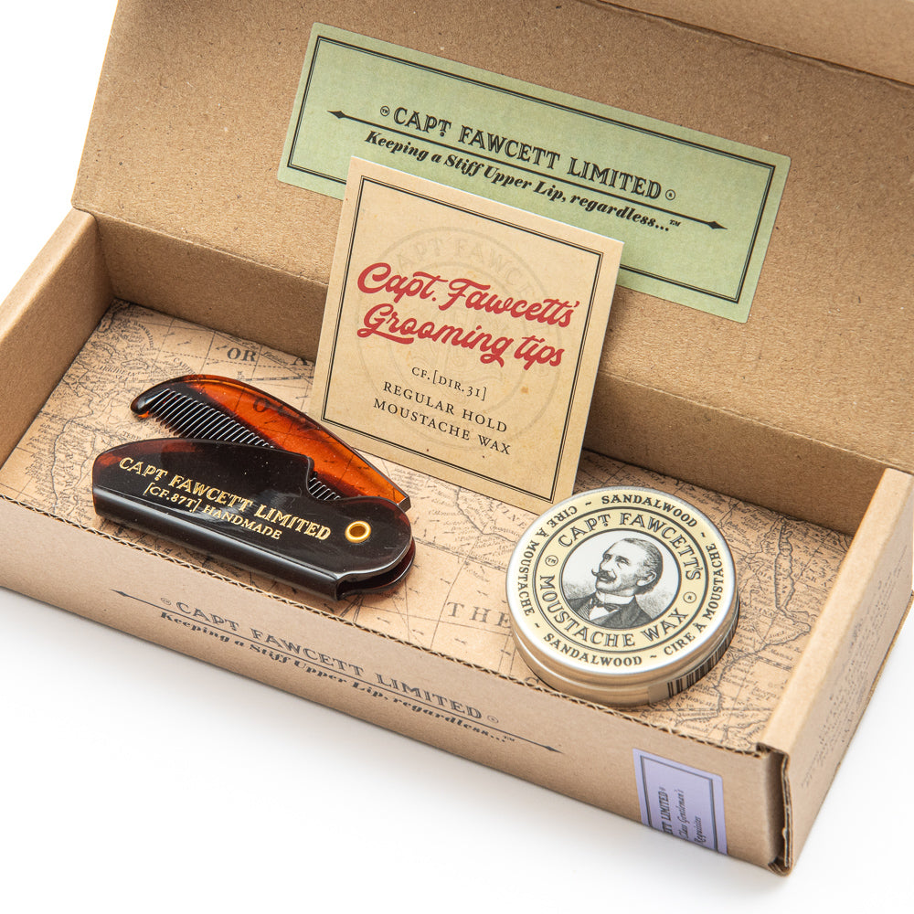 Captain Fawcett Sandalwood Moustache Wax And Folding Pocket Comb Set.