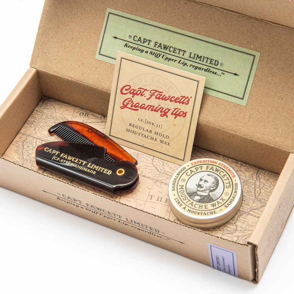Captain Fawcett Expedition Strength Moustache Wax And Folding Pocket Comb Set.