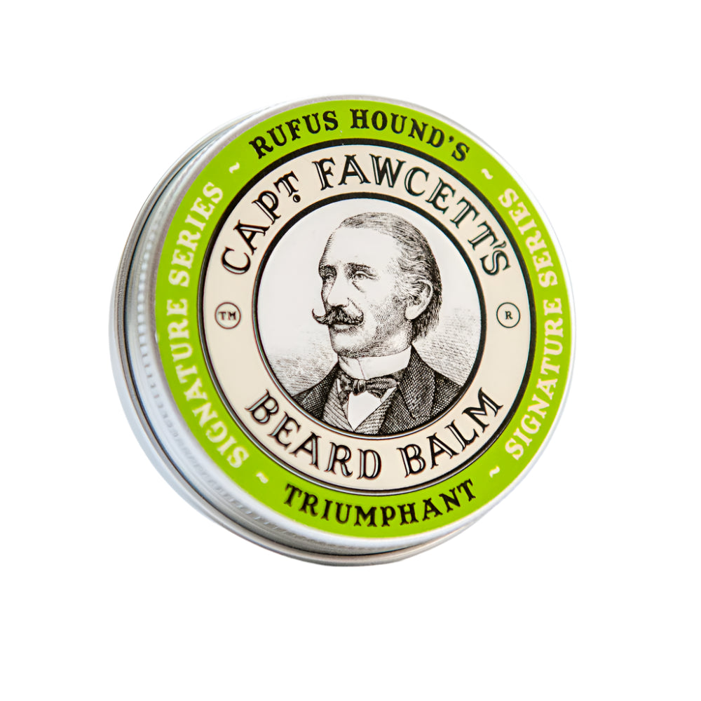 Cap'n Fawcett's Beard Balm container with green label on a white background