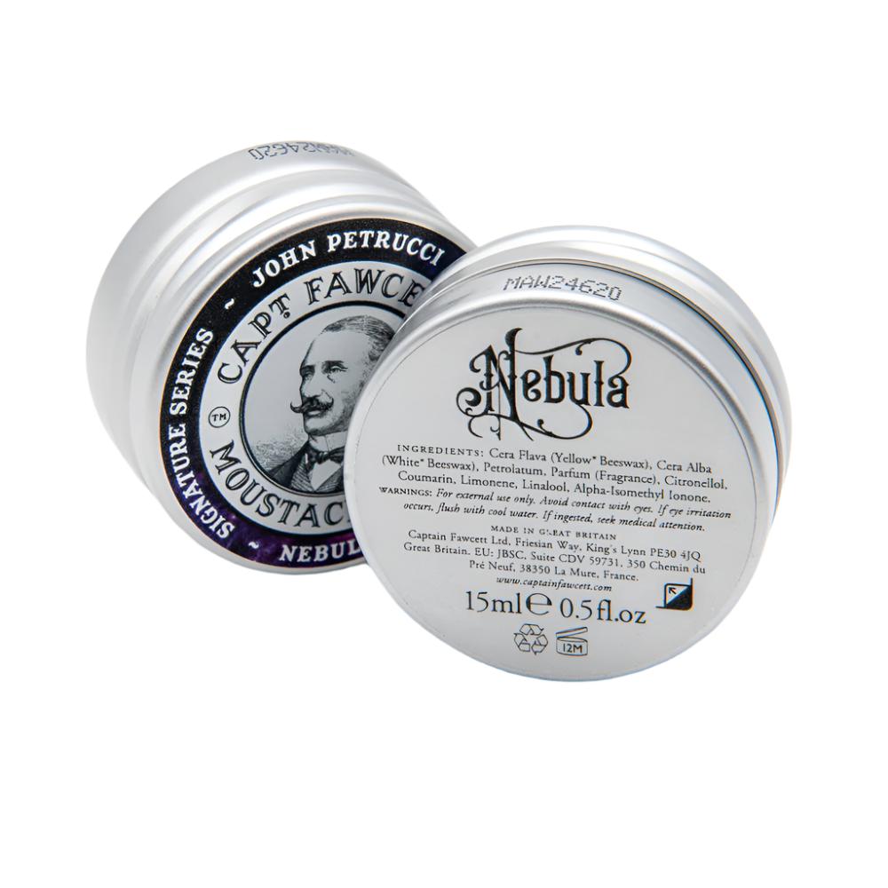 Two small containers of John Petrucci Capt. Fawcett Nebula moustache wax on a white background