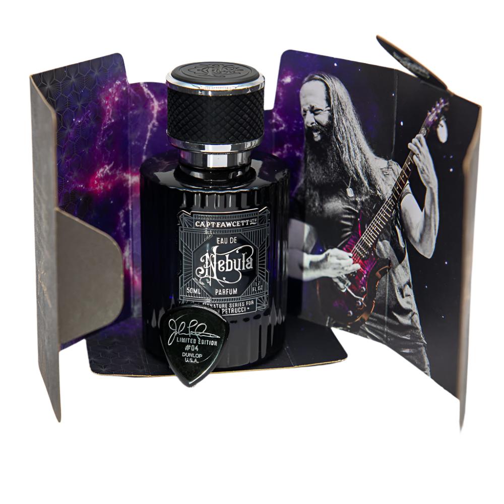 Perfume bottle with a guitar player on the packaging