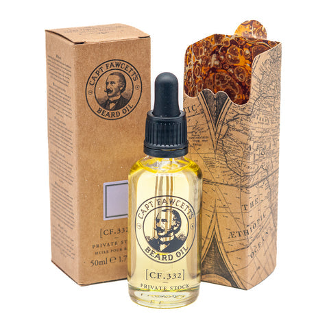 Captain Fawcett's beard oil bottle with packaging on a white background