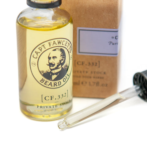 Captain Fawcetts beard oil bottle with dropper and packaging on a white background