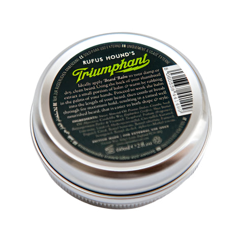 Balm tin labeled 'Rufus Hound's Triumphant' on a white background