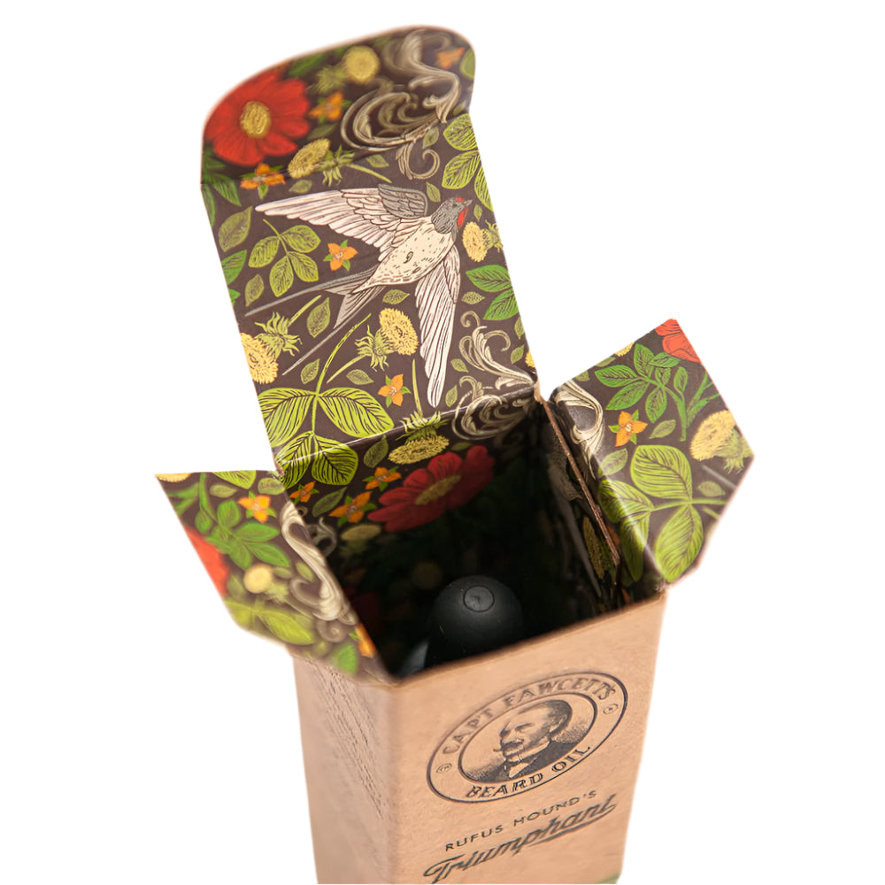 Floral-patterned box with a black item inside, featuring a brand logo on a white background.