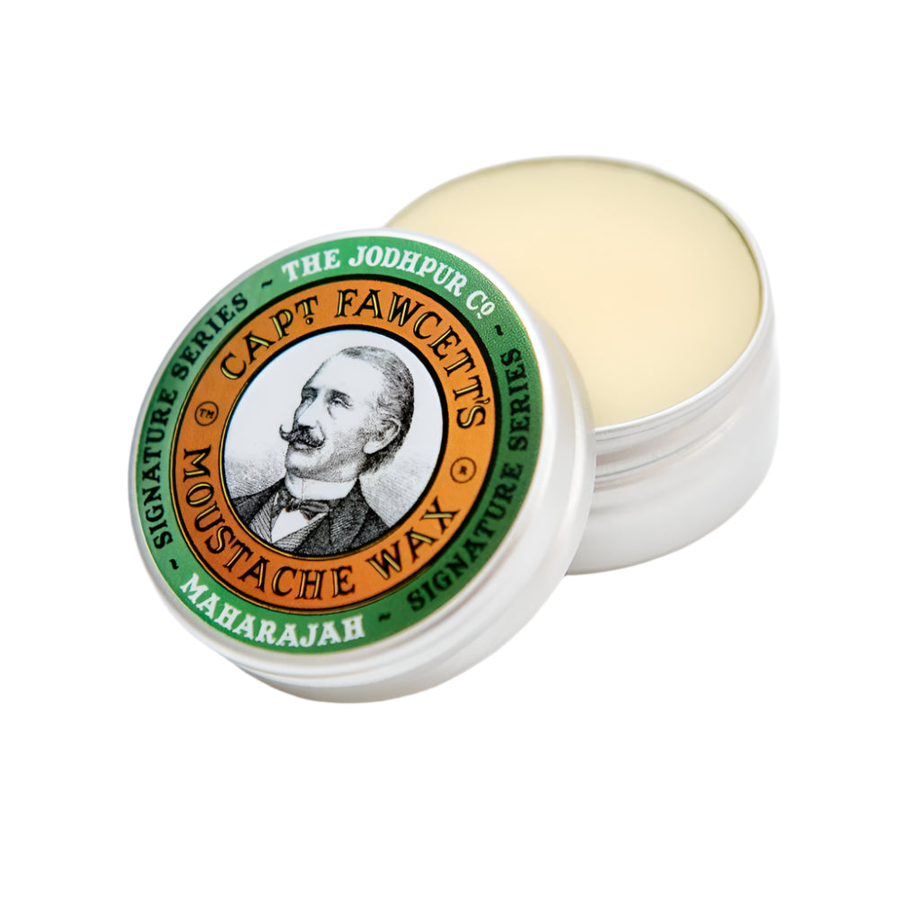 Cap't Fawcett's Moustache Wax container with lid on a white background