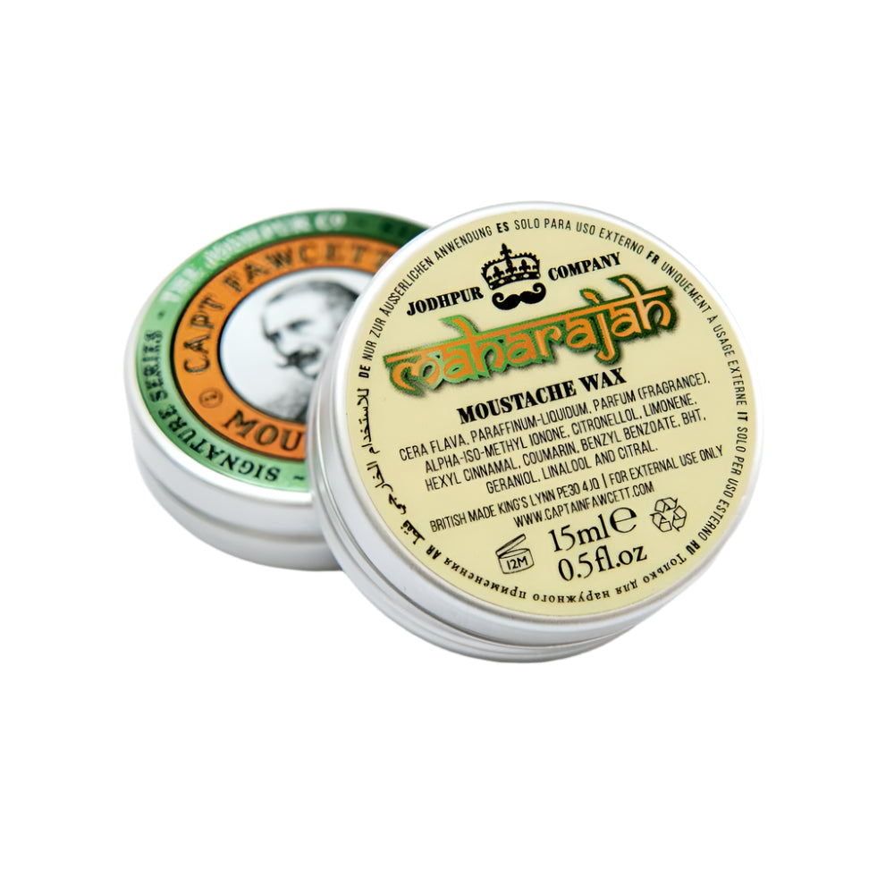 Two tins of moustache wax, one labeled 'Jodhpur Company Maharajah' and the other 'Captain Fawcet', on a white background.