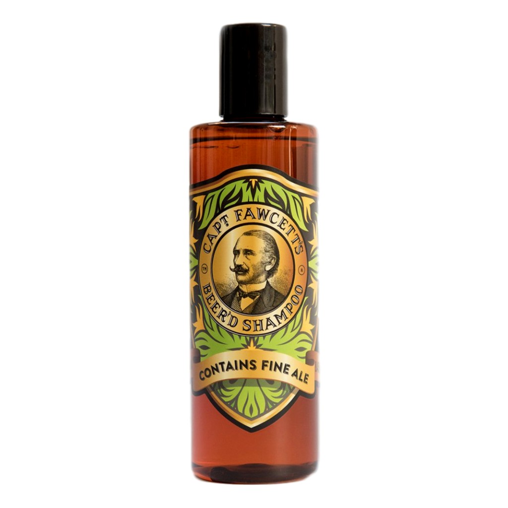 Bottle of Captain Fawcett's Beer'd Shampoo with a vintage label on a white background