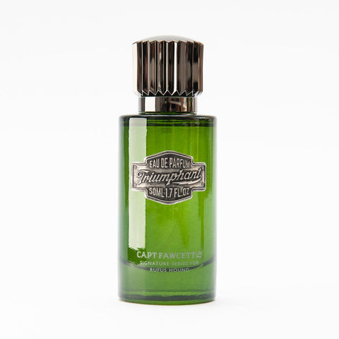 Green perfume bottle with silver cap on a white background