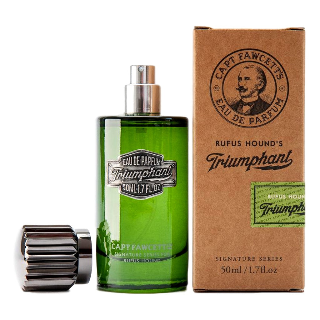 Green perfume bottle with silver cap and brown box labeled 'Capt Fawcett's Eau de Parfum' on a white background