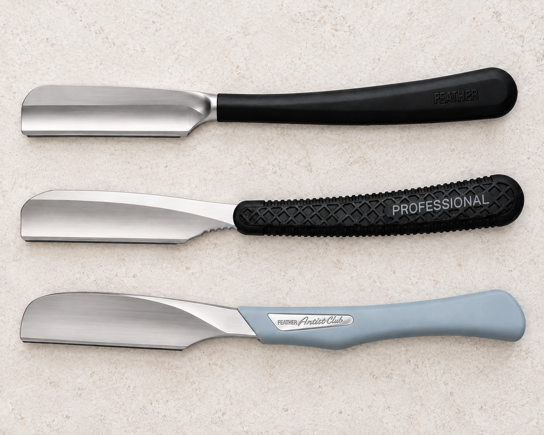 Feather Artist Club SS, SR and DX Japanese-style replaceable-blade razors arranged side by side