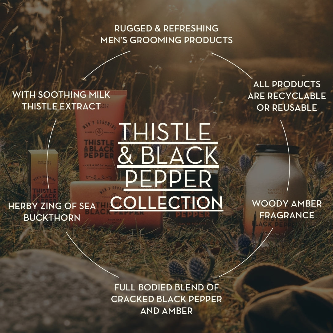 Thistle & Black Pepper collection graphic showing fragrance notes and range features
