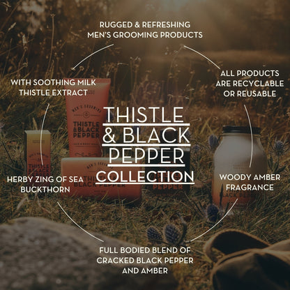 Thistle & Black Pepper collection graphic showing fragrance notes and range features