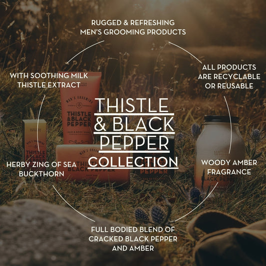 Thistle & Black Pepper collection graphic showing fragrance notes and range features