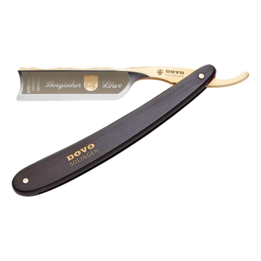 Fully Open Dovo Bergischer Löwe Straight Razor with Ebony Wood Handle and Gold-Plated Blade