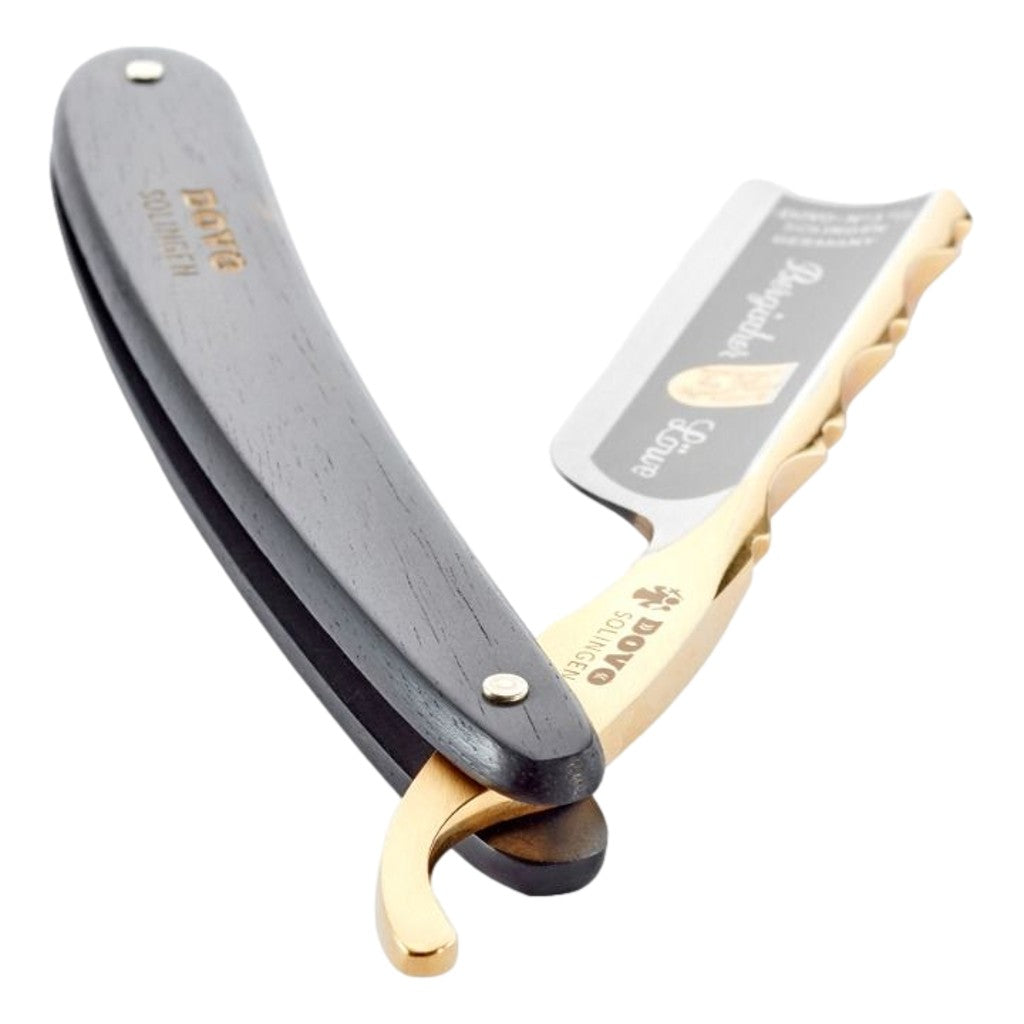 Dovo Bergischer Löwe Straight Razor with 24k Gold-Plated Blade - Open and Angled View
