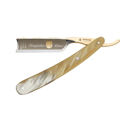 Dovo Bergischer Löwe Horn Straight Razor 6/8", fully extended with a beige horn handle and engraved gold blade.