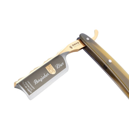 Dovo Bergischer Löwe Horn Straight Razor 6/8", fully open showing beige horn handle, blade profile, and gold spine accents.