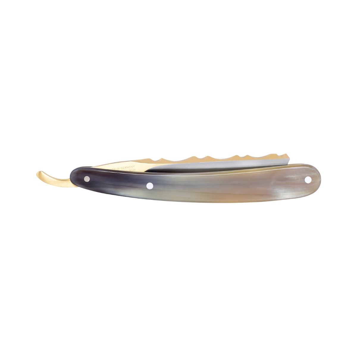 Dovo Bergischer Löwe Horn Straight Razor 6/8", closed position with a beige horn handle and gold blade.
