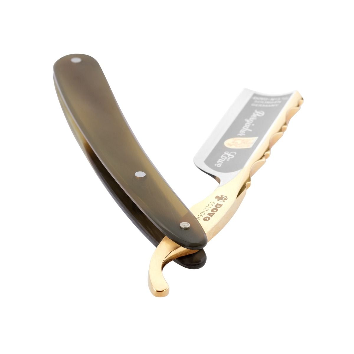 Dovo Bergischer Löwe Horn Straight Razor 6/8", partially open showing beige horn handle and gold blade detailing.