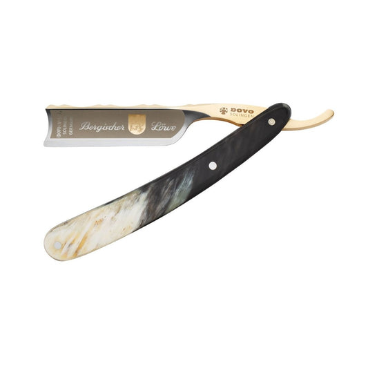 Dovo Bergischer Löwe Horn Straight Razor 6/8", fully extended, featuring the dark horn handle and engraved gold blade.