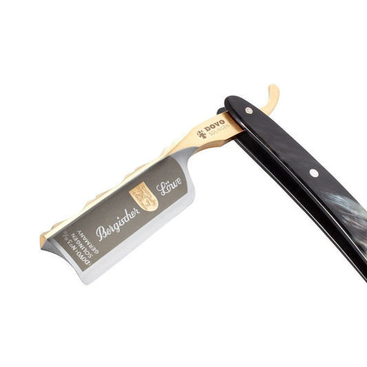 Dovo Bergischer Löwe Horn Straight Razor 6/8", fully open showing dark horn handle, blade profile, and gold spine accents.