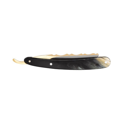 Dovo Bergischer Löwe Horn Straight Razor 6/8", closed position with a dark horn handle and gold blade.