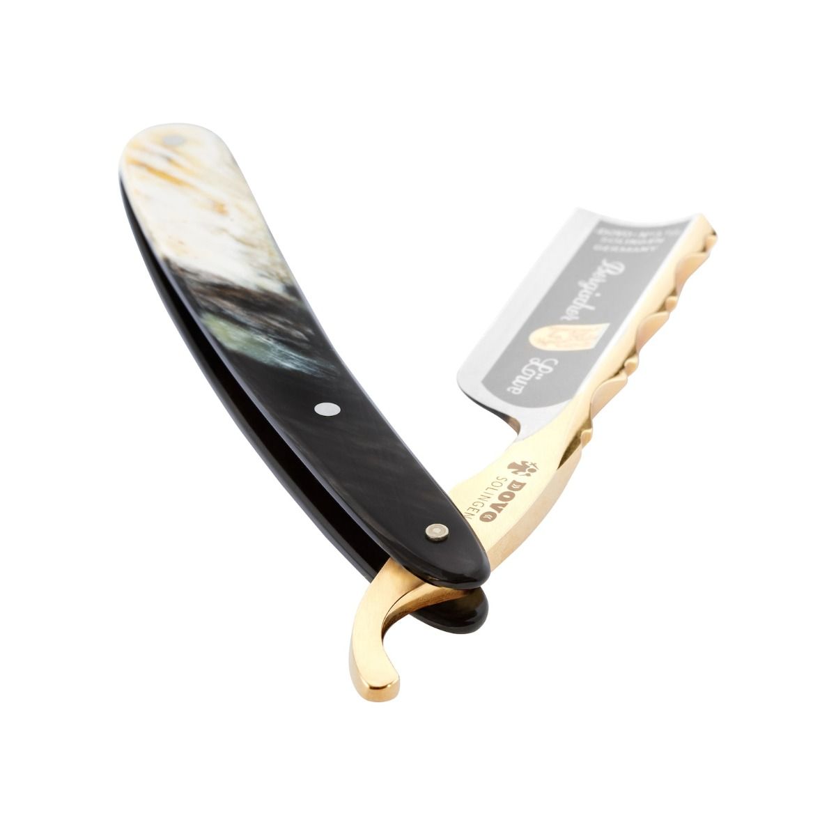 Dovo Bergischer Löwe Horn Straight Razor 6/8", partially open showing dark horn handle and gold blade detailing.