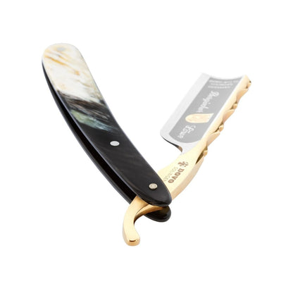 Dovo Bergischer Löwe Horn Straight Razor 6/8", partially open showing dark horn handle and gold blade detailing.