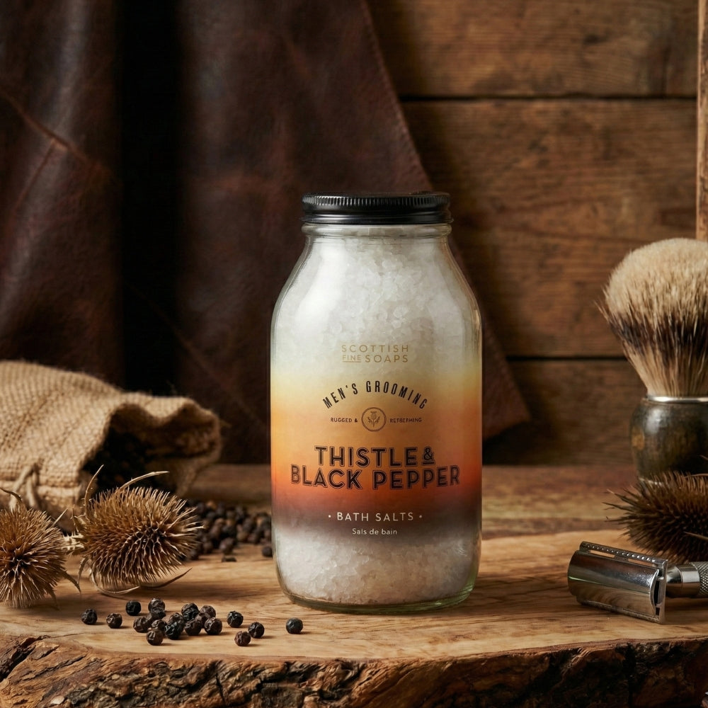 Thistle & Black Pepper Bath Salts jar on wood beside peppercorns and a shaving brush