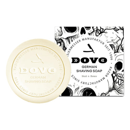 Dovo German Shaving Soap with packaging featuring skull design on a white background
